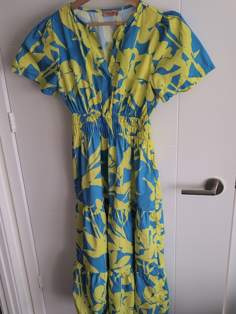 Vianova Italy Cotton Tiered Midi Dress Blue Yellow Floral M